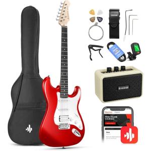 imageDonner DST100S 39 Inch Full Size Electric Guitar Kit Solid Body Sunburst Beginner Starter with Amplifier Bag Capo Strap String Tuner Cable PicksRed