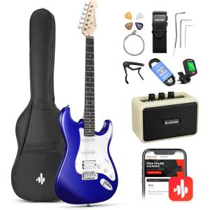 imageDonner DST100S 39 Inch Full Size Electric Guitar Kit Solid Body Sunburst Beginner Starter with Amplifier Bag Capo Strap String Tuner Cable PicksSapphire Blue