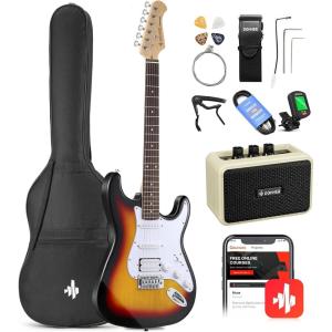 imageDonner DST100S 39 Inch Full Size Electric Guitar Kit Solid Body Sunburst Beginner Starter with Amplifier Bag Capo Strap String Tuner Cable PicksSunburst