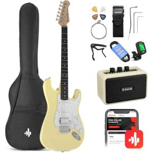 imageDonner DST100S 39 Inch Full Size Electric Guitar Kit Solid Body Sunburst Beginner Starter with Amplifier Bag Capo Strap String Tuner Cable PicksYellow