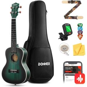 imageDonner Soprano Ukulele Mahogany 21 inch Ukelele Beginner Kit Online Lesson Gig Bag Strap Nylon String Tuner Picks Cloth DUS1 Ukalalee Set Christmas GiftDrak Green