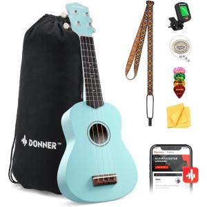 imageDonner Soprano Ukulele for Beginners 21 Inch Ukelele Starter Bundle Kit with Free Online Lessons Bag Strap String Tuner Picks Cloth Ukalalee Yukalalee BlackCyan Blue