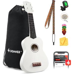 imageDonner Soprano Ukulele for Beginners 21 Inch Ukelele Starter Bundle Kit with Free Online Lessons Bag Strap String Tuner Picks Cloth Ukalalee Yukalalee BlackWhite