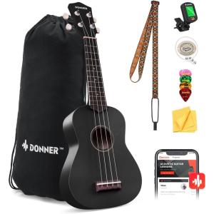imageDonner Soprano Ukulele for Beginners 21 Inch Ukelele Starter Bundle Kit with Free Online Lessons Bag Strap String Tuner Picks Cloth Ukalalee Yukalalee BlackBlack