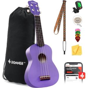 imageDonner Soprano Ukulele for Beginners 21 Inch Ukelele Starter Bundle Kit with Free Online Lessons Bag Strap String Tuner Picks Cloth Ukalalee Yukalalee BlackPurple
