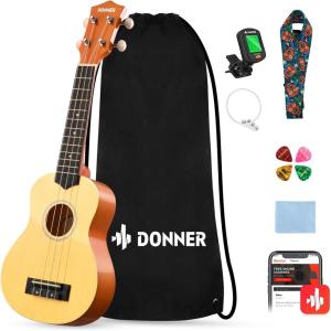 imageDonner Soprano Ukulele for Beginners 21 Inch Ukelele Starter Bundle Kit with Free Online Lessons Bag Strap String Tuner Picks Cloth Ukalalee Yukalalee BlackNatural
