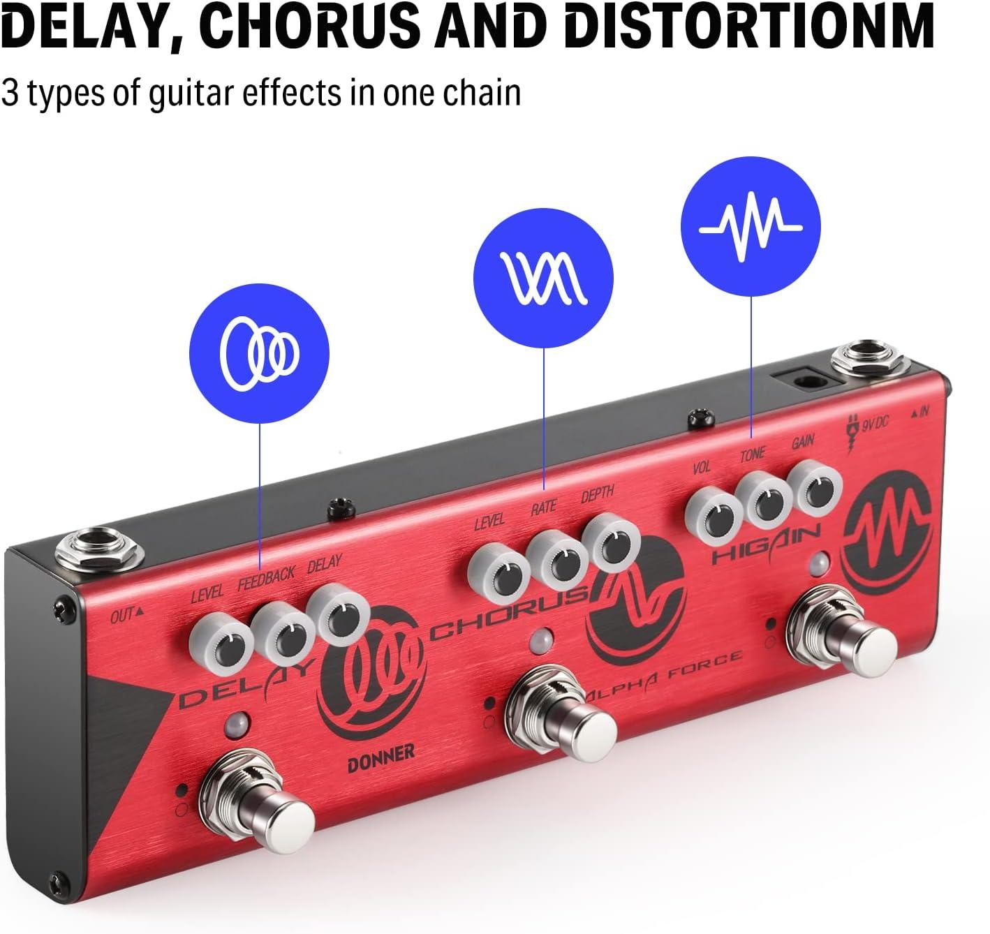 imageDonner Multi Effects Guitar Pedal Alpha Cruncher 3 Type Effects Delay Chorus Distortion Pedal with Adapter for Electric GuitarDelay Chorus High Gain