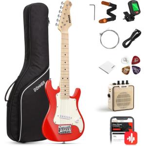 imageDonner 30 Inch Kids Electric Guitar Beginner Kits ST Style Mini Electric Guitar for Boys Girls with Amp 600D Bag Tuner Picks Cable Strap Extra Strings DSJ100 RedRed