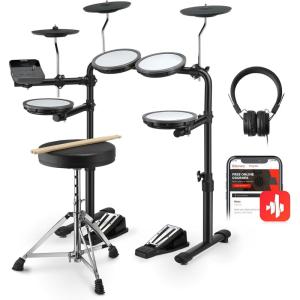 imageDonner DED70 Electric Drum Set with 4 Quiet Mesh Drum Pads 2 Switch Pedal Portable and Solid Drum Set with TypeC Charging 68 Sounds Throne Headphones Sticks Melodics Lessons