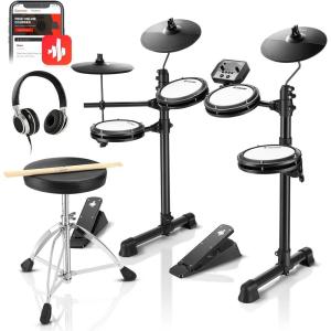 imageDonner DED80 Electronic Drum Set with 4 Quiet Mesh Pads 180 Sounds 2 Pedals Throne Headphones Sticks and Melodics LessonsBlack