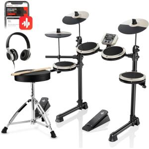 imageDonner DED80 Electronic Drum Set with 4 Quiet Mesh Pads 180 Sounds 2 Pedals Throne Headphones Sticks and Melodics LessonsWhite