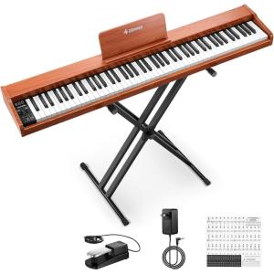 imageDonner DEP1S Piano Keyboard 88 Keys Beginner Digital Piano with 88 Key VelocitySensitive Keyboard Record Bluetooth Chord Bundle With Piano Stand Piano Stickers Sustain Pedal Retro Wood Color