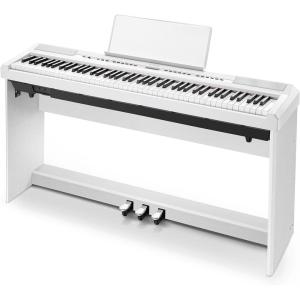 imageDonner DEP20 Beginner Digital Piano 88 Key Full Size Weighted Keyboard Portable Electric Piano with Furniture Stand 3Pedal UnitWhite PianoStand