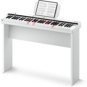 imageDonner DK10S Light up Piano Keyboard for Beginners Portable 61 Key Electronic Keyboard with 5H Battery Life 300 Rhythms 500 Tones Learning Mode Bundle with Wooden Piano Stand POP APP White