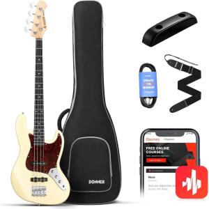 imageDonner Electric Bass Guitar 4 Strings FullSize Standard Bass PBStyle Beginner Kit Black for Starter with Free Online Lesson Gig Bag Guitar Strap and Guitar Cable DPB510DWhite