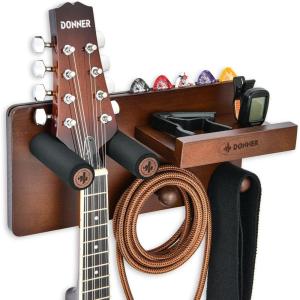 imageDonner Guitar Wall Mount Shelf Guitar Wall Hanger with Pick Holder and 2 Hooks Wood Guitar Rack for Acoustic Electric Bass Ukulele and Guitar Accessories