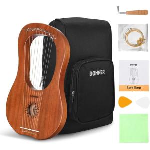 imageDonner Lyre Harp 10 Metal Strings Mahogany Body and Bone Saddle DLH002 Lyre Harp for Beginner Kids with Tuning Wrench Spare String Set Black Gig Bag Manual Ancient Greece Style10 Strings