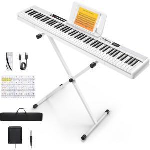 imageDonner Piano Keyboard 88 Keys Beginner Digital Piano VelocitySensitive Keys Portable Electric Piano with Stand Sustain Pedal Carrying Case and Keyboard Stickers DEP1White Set