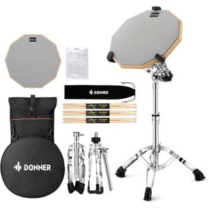 imageDonner Snare Drum Stand Set with Drum Practice Pad 12 Doublesided Silent Drum Pad set Drumsticks Backpack Adjustable Stand Fits 1014 Dia DrumsSilver