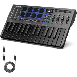 imageDonner USBC MIDI Keyboard Controller 25 Key Portable Mini MIDI Keyboard with 8 Drum Pads OLED Display 16 Smart Scales Arpeggio Replay 4 DAW Software and 40 Teaching Courses DMK 25 Pro BlackBlack