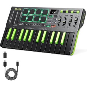 imageDonner USBC MIDI Keyboard Controller 25 Key Portable Mini MIDI Keyboard with 8 Drum Pads OLED Display 16 Smart Scales Arpeggio Replay 4 DAW Software and 40 Teaching Courses DMK 25 Pro BlackBlackGreen