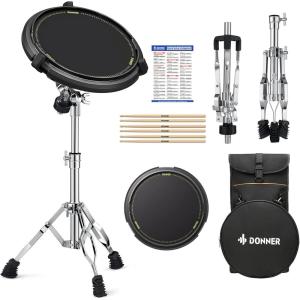 imageDrum Practice Pad 12 Inches Donner Quiet Drum Pad with Removable Snare Simulation Builtin 800 Steel Balls Drum Sticks 40 Standard RudimentsBlackBlack