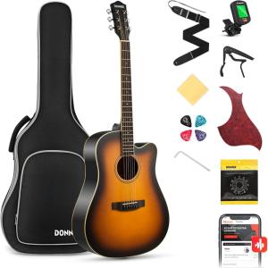 imageDonner Black Acoustic Guitar for Beginners Adult Teens Starter Kits  Full Size 41 SteelString Acustica Guitarra Bundle Set with Free Online Lesson Gig Bag Strap Tuner Cutaway DAG1CBSunburst