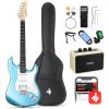 imageDonner DST100B 39 Inch Electric Guitar Beginner Kit Solid Body Full Size Black HSS for Starter with Amplifier Bag Digital Tuner Capo Strap StringCable PicksLake Blue