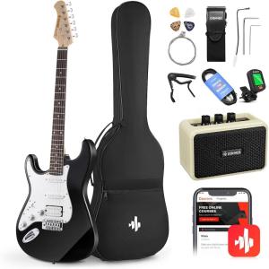 imageDonner DST100B 39 Inch Electric Guitar Beginner Kit Solid Body Full Size Black HSS for Starter with Amplifier Bag Digital Tuner Capo Strap StringCable Picksblack
