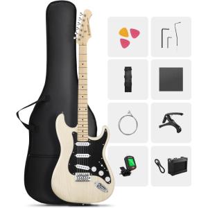 imageDONNER DST80 Electric Guitar 39 Beginner Electric Guitar Kit with Amp Classic SSS Pickup Complete with Gig Bag Tuner Capo Strap Picks and Free Online LessonsBone White