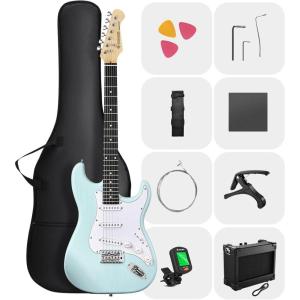 imageDONNER DST80 Electric Guitar 39 Beginner Electric Guitar Kit with Amp Classic SSS Pickup Complete with Gig Bag Tuner Capo Strap Picks and Free Online LessonsSurf Green