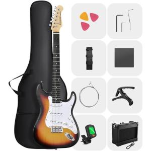 imageDONNER DST80 Electric Guitar 39 Beginner Electric Guitar Kit with Amp Classic SSS Pickup Complete with Gig Bag Tuner Capo Strap Picks and Free Online LessonsSunburst