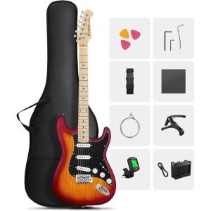 imageDONNER DST80 Electric Guitar 39 Beginner Electric Guitar Kit with Amp Classic SSS Pickup Complete with Gig Bag Tuner Capo Strap Picks and Free Online LessonsCherryBurst