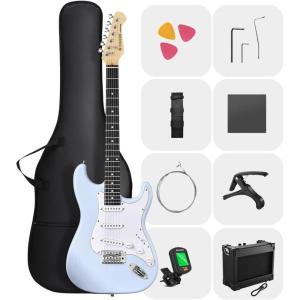 imageDONNER DST80 Electric Guitar 39 Beginner Electric Guitar Kit with Amp Classic SSS Pickup Complete with Gig Bag Tuner Capo Strap Picks and Free Online LessonsSonic Blue