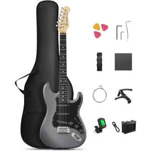 imageDONNER DST80 Electric Guitar 39 Beginner Electric Guitar Kit with Amp Classic SSS Pickup Complete with Gig Bag Tuner Capo Strap Picks and Free Online LessonsMatte Black