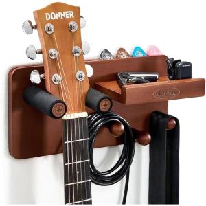 imageDonner Guitar Wall Mount Shelf with 3 Hooks and Pick Holder Wood Guitar Hanger Rack for Acoustic Electric Bass Ukulele Banjo Violin