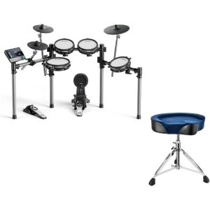 imageDonner Beat Electronic Drum Set with Quiet Mesh Pads and Donner Heavy Duty Drum Throne Widened Motorcycle Style Drum Stool with Blue Velvet Surface