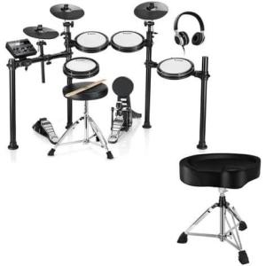 imageDonner DED200 Electric Drum Sets with Quiet Mesh Pads Bundle with Donner Heavy Duty Drum Throne Motorcycle Style Drum Seat Widened Chair with Upgraded Materials