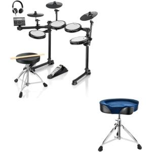 imageDonner DED200 LITE Electronic Drum Set for Beginner with 450 Sounds and Donner Heavy Duty Drum Throne Widened Motorcycle Style Drum Stool with Blue Velvet Surface