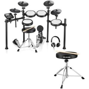 imageDonner DED200X Electronic Drum Set Electric Drum Kit with Quiet Mesh Pads Bundle with Donner Drum Throne Set Padded Seat Height Adjustable Stools 5A Drumsticks Included