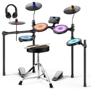 imageDonner DED70L Electronic Drum Set with LED Light Up Quiet Mesh Drum Pads amp 9 Cymbals 150 Sounds 15 Drum Kits USB MIDI TypeC Charging 2 Pedal Throne Headphones Sticks Melodics LessonsPolychromatic