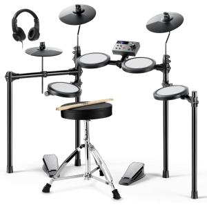 imageDonner DED70L Electronic Drum Set with LED Light Up Quiet Mesh Drum Pads amp 9 Cymbals 150 Sounds 15 Drum Kits USB MIDI TypeC Charging 2 Pedal Throne Headphones Sticks Melodics LessonsBlack