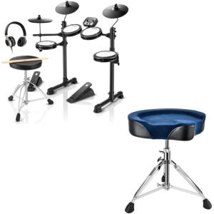imageDonner DED80 Electronic Drum Set with 4 Quiet Mesh Pads and Donner Heavy Duty Drum Throne Motorcycle Style Widened Drum Stool with Blue Velvet Surface