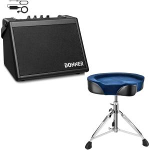 imageDonner Mini Electric Drum Amp 20W Wireless Electronic Drum Amplifier DDA20 Portable for Home Practice with Donner Heavy Duty Drum Throne Motorcycle Style Drum Stool with Velvet Surface Blue